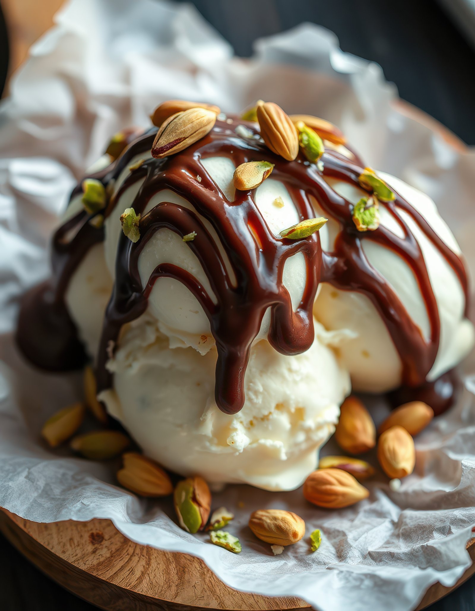 Delicious dessert featuring scoops of ice cream drizzled with chocolate sauce and topped with nuts
